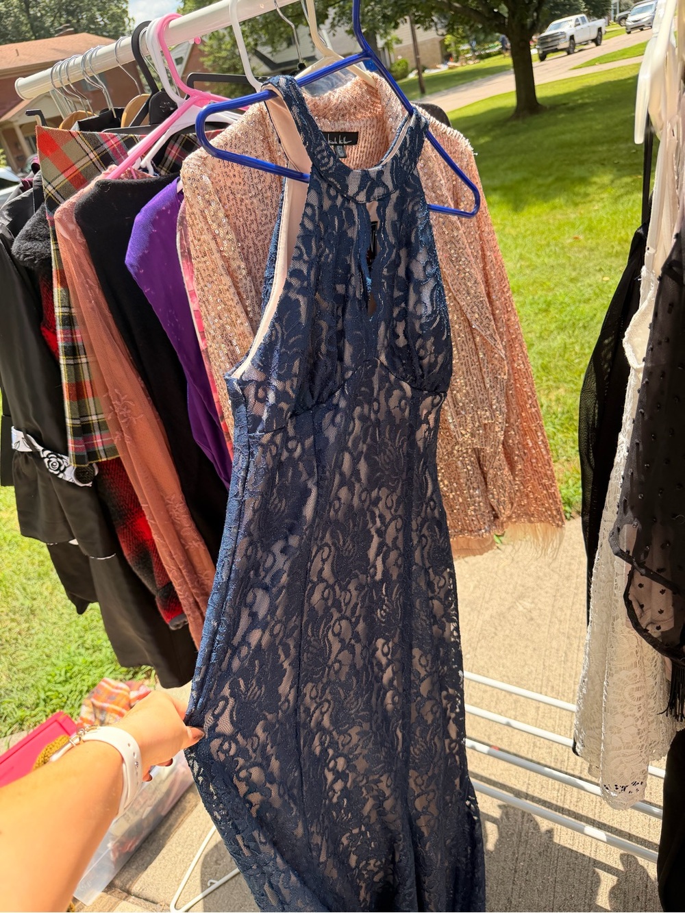 Sleeveless Navy Lace Evening Dress by Lili's Closet